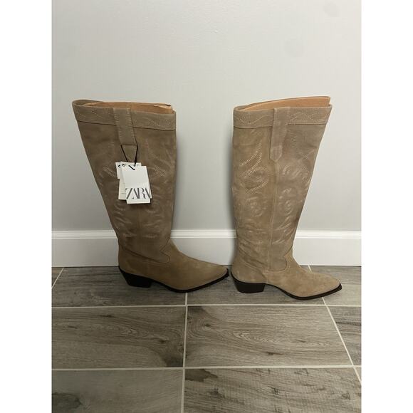 Women's Zara Cowboy Boots Knee High Brown Suede size 7.5 NWT Festival Western - Picture 5 of 8